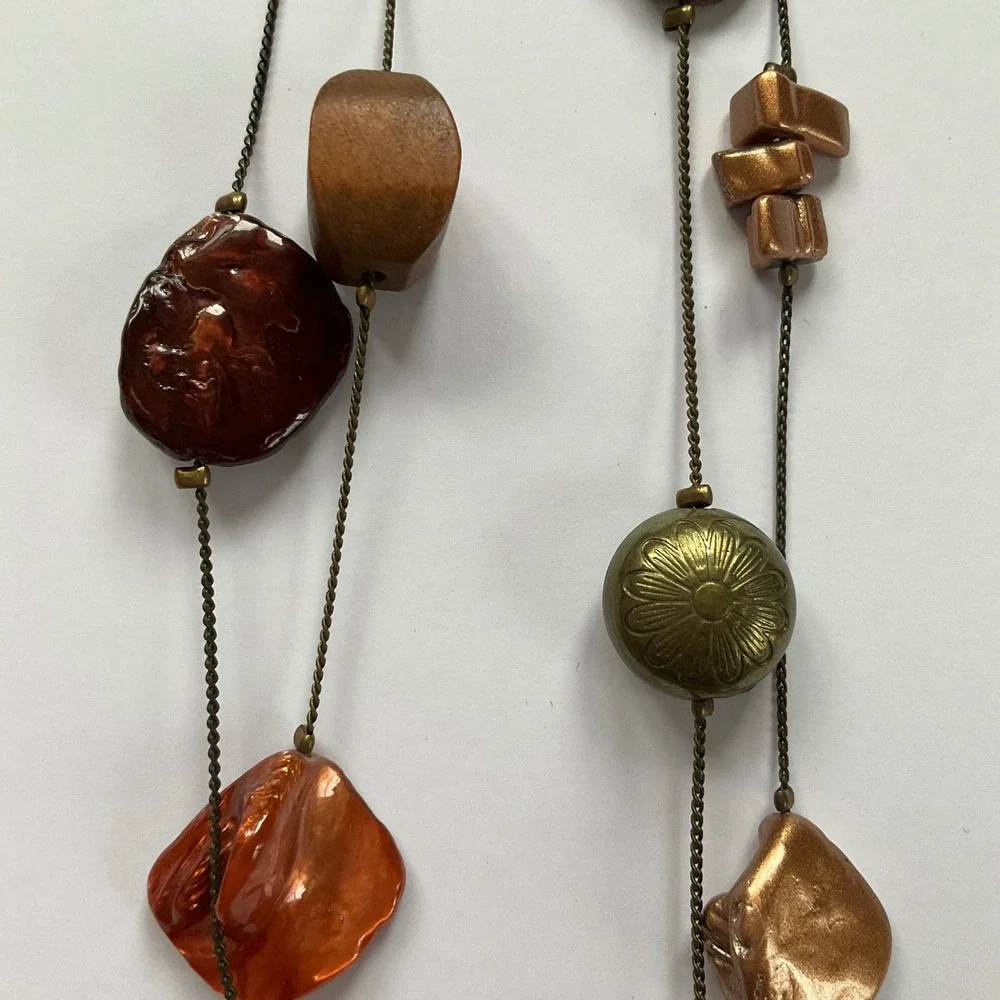 Boho Double Strand Beaded Necklace‎ Bronze Copper Earth Tones Layered Statement
